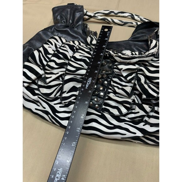 Vintage Y2K Zebra Print Ruffle Handbag Studded Hobo Bag Retro McBling Aesthetic - Picture 11 of 12